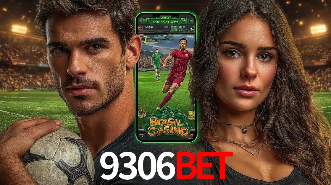 Homem segurando uma bola de futebol e uma mulher ao lado de um smartphone exibindo o jogo de apostas esportivas da 9306bet. Faça seu palpite no cassino online.